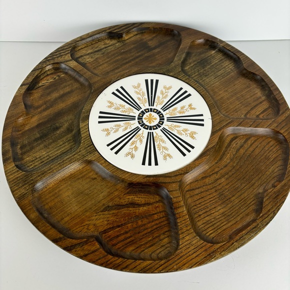 Lazy Susan Walnut Wood Gold Wheat Tile 14” Tabletop Turntable MCM Serving Tray - Picture 16 of 16